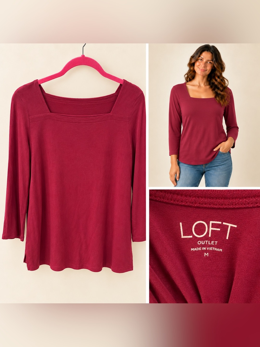 LOFT Women's Square Neck Long Sleeve Top - Berry